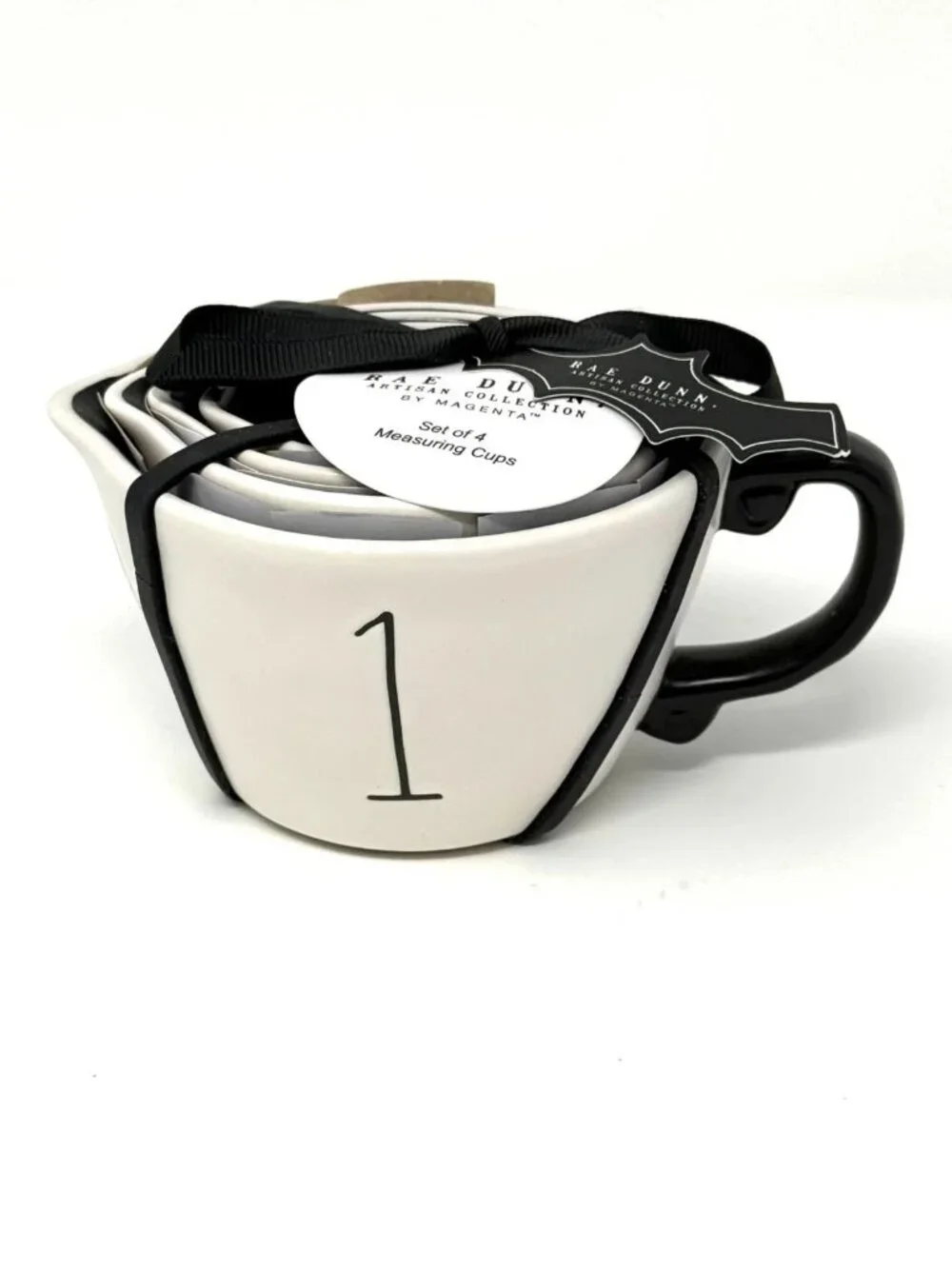 Rae Dunn Halloween Ghost Measuring Cups White w Black interior 4 Piece Set NWT